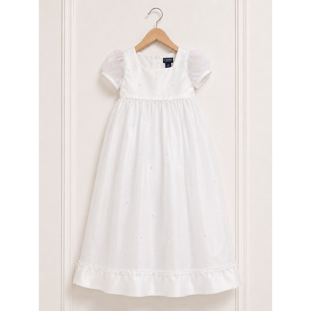 Tip Top Girls Dress Size 4 White Flower Girl Long High Waist Puff Sleeves NEW